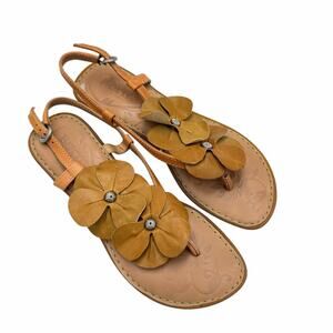 Born Footwear Brown Gladiolus Leather Flower Slingback Buckle Sandals